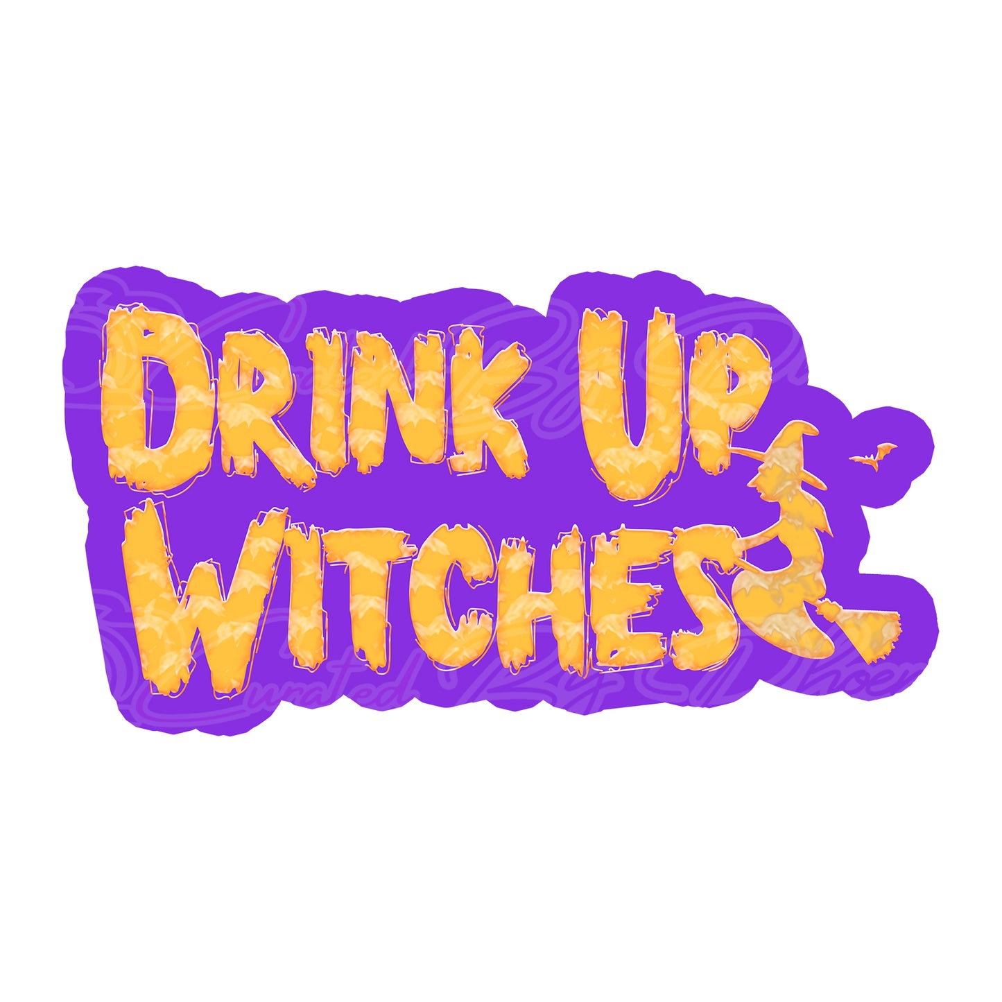 Text 'Drink Up Witches' in yellow on a purple background