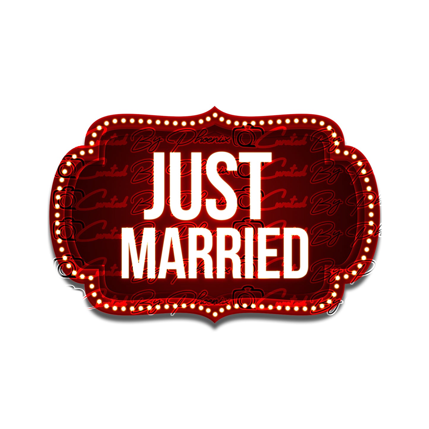 Red sign with 'Just Married' text on a white background