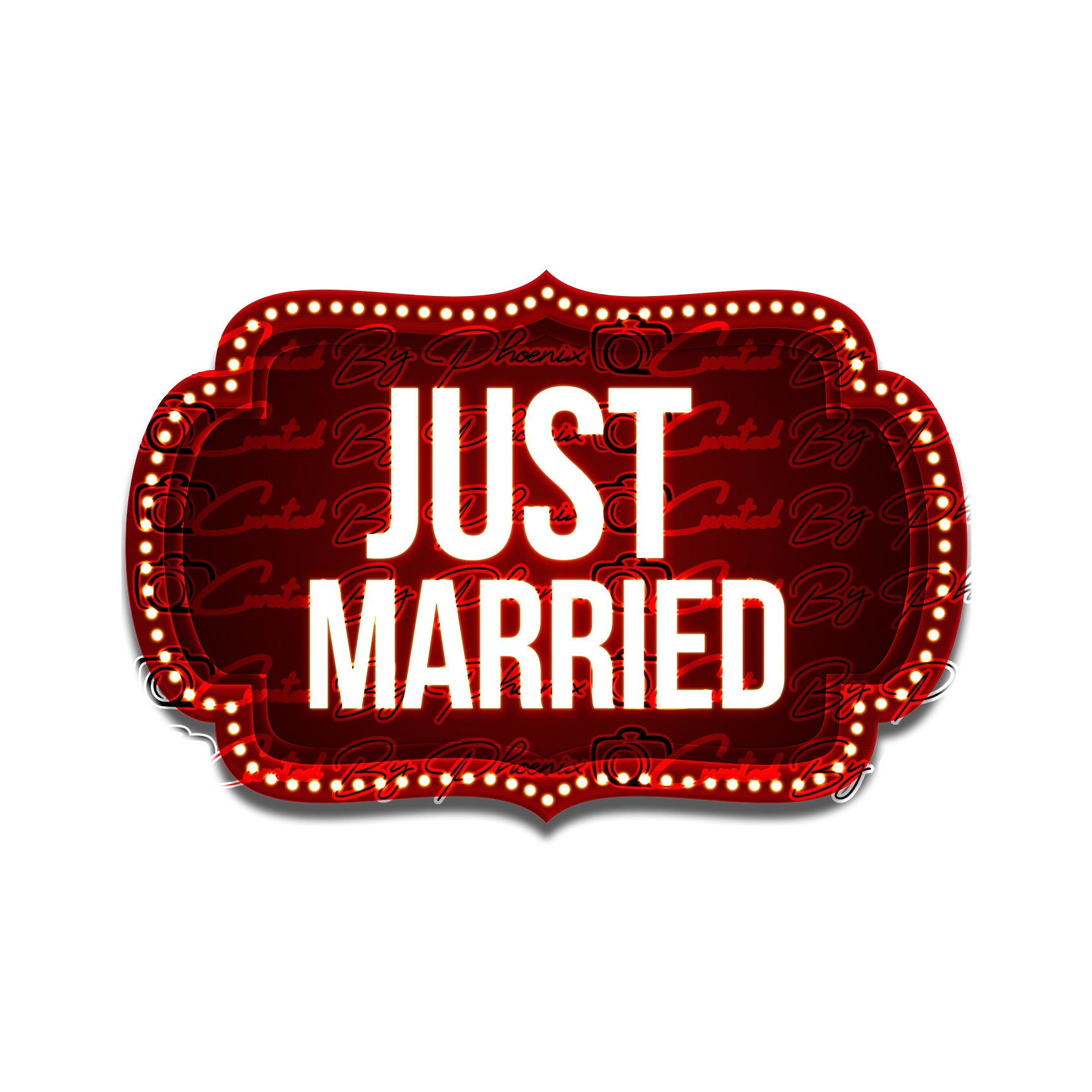 Red sign with 'Just Married' text on a white background