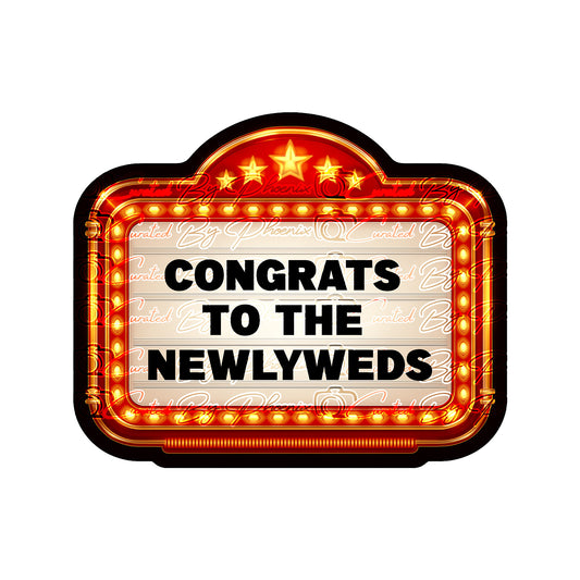 Decorative sign with 'Congrats to the Newlyweds' text on a white background