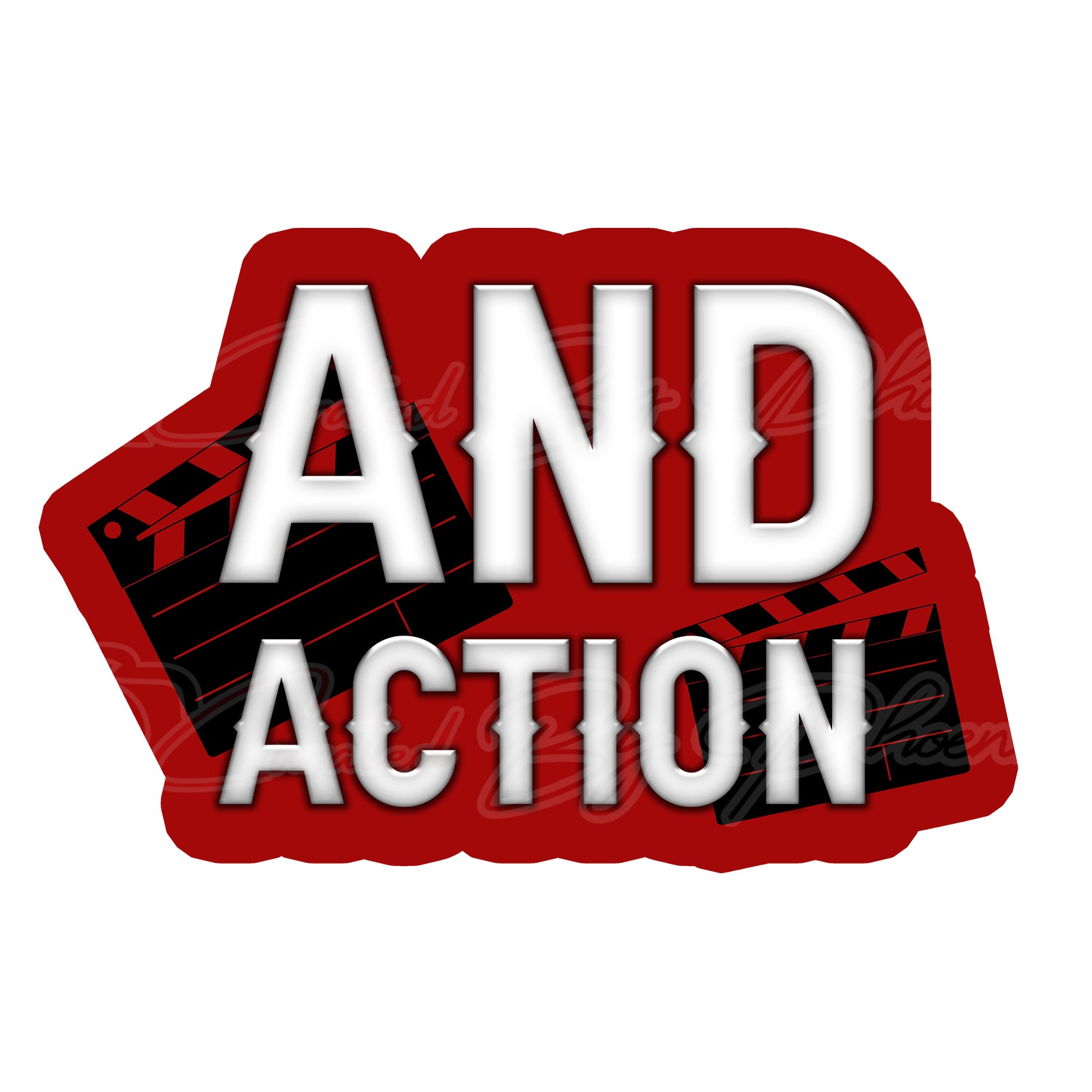 Red and white logo with 'AND ACTION' text on a white background.  Movie prop, photobooth prop, curated by phoenix prop, pvc photo booth prop
