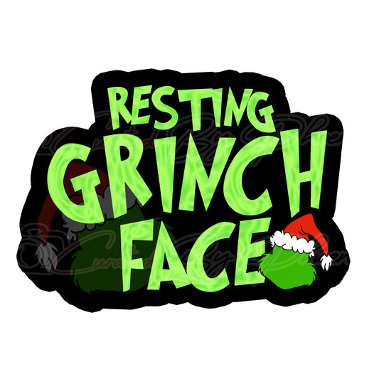 Text 'Resting Grinch Face' with a Grinch hat and green nose on a black background. Christmas prop, photobooth prop, curated by phoenix prop, pvc photo booth prop