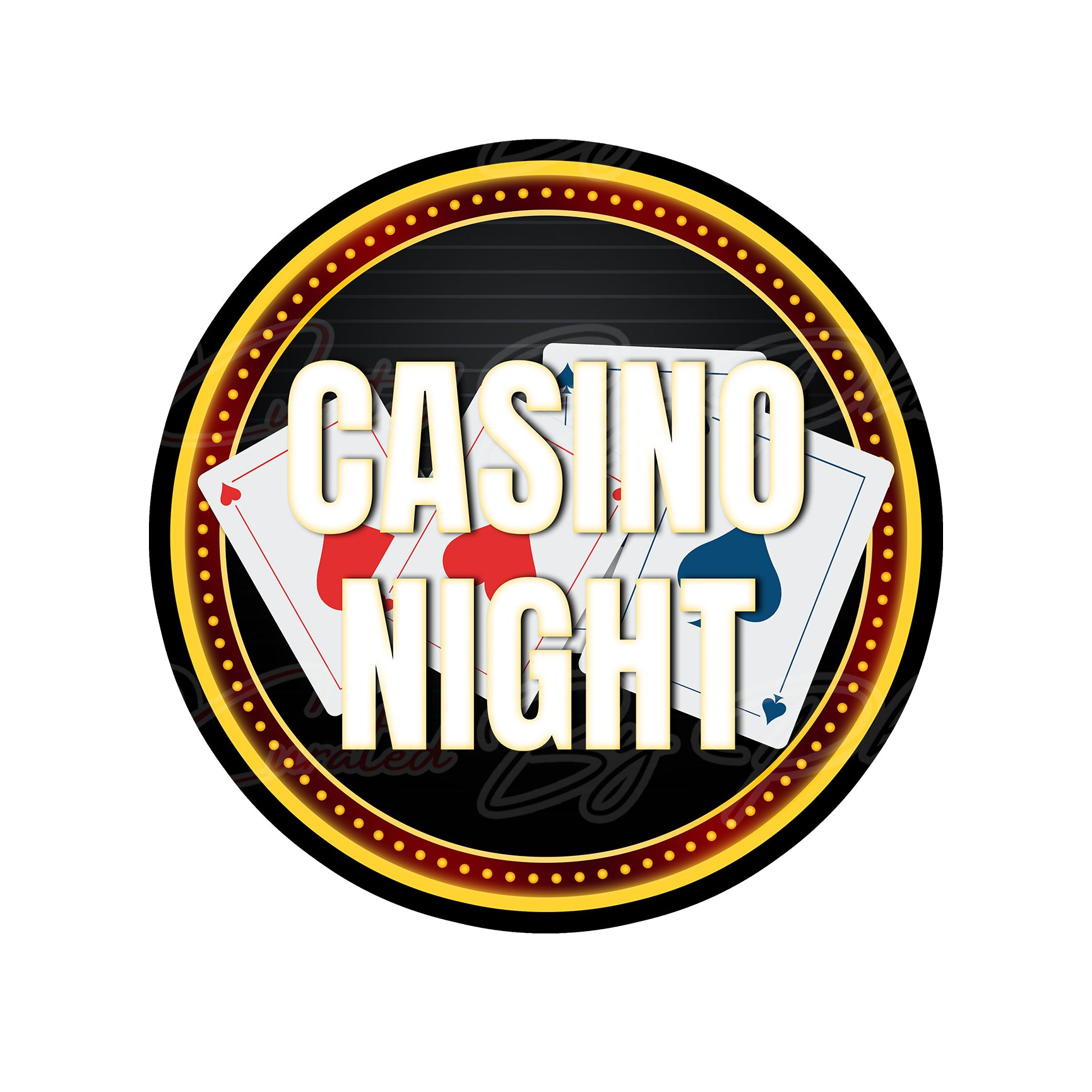 Casino Night logo with cards and neon lights on a black background. casino prop, photobooth prop, curated by phoenix prop, pvc photo booth prop