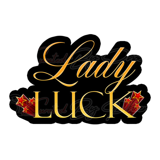 Decorative text 'Lady Luck' with stars on a white background. casino prop, photobooth prop, curated by phoenix prop, pvc photo booth prop